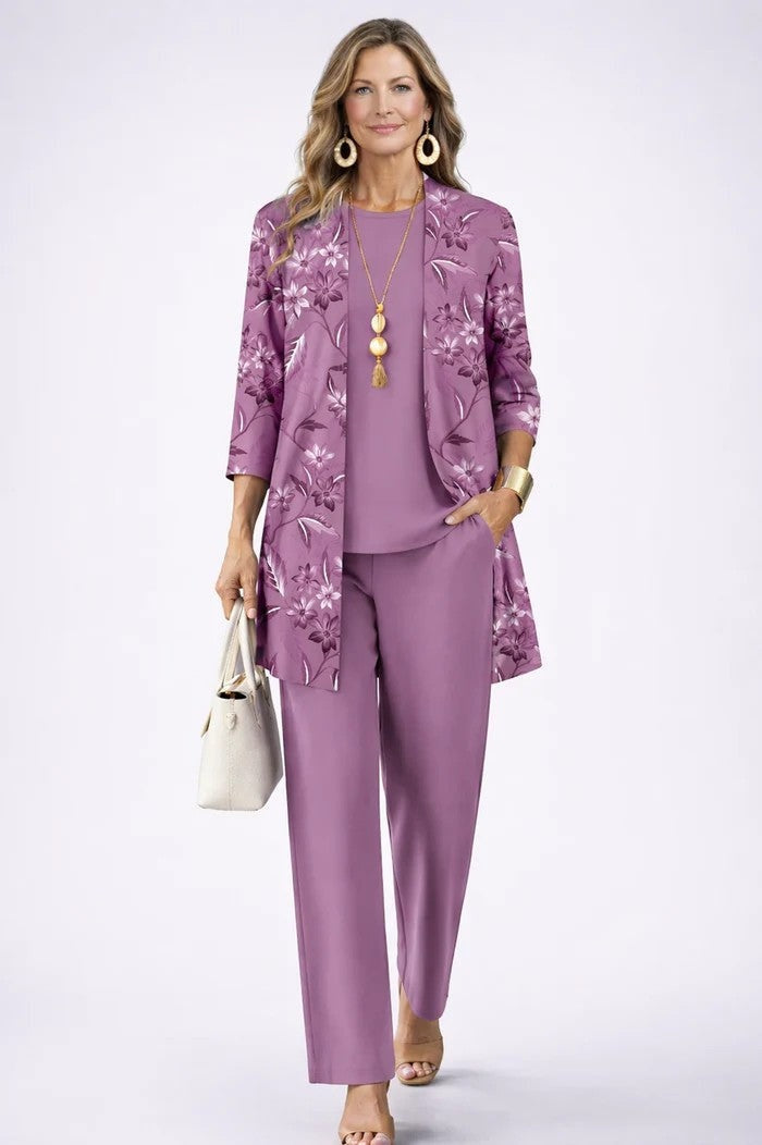 Lorena | Conjunto de 3 Piezas Estampado Tropical Mujer Pantalón Recto