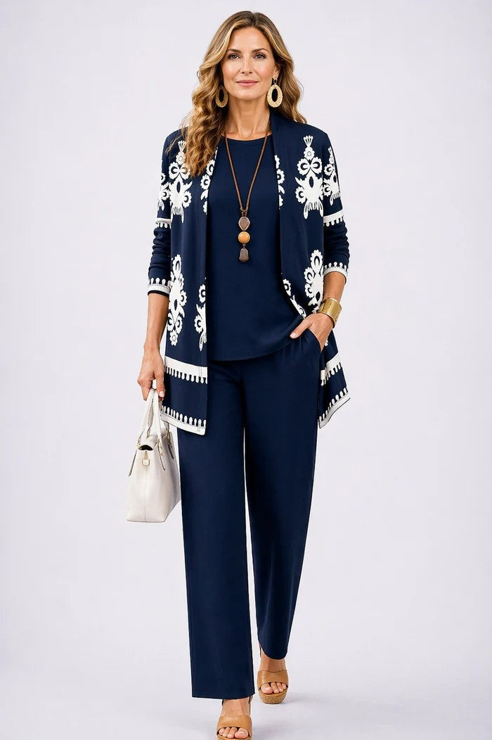 Lorena | Conjunto de 3 Piezas Estampado Tropical Mujer Pantalón Recto