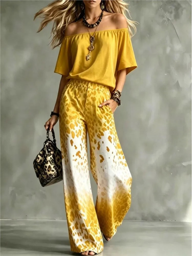 Lorena | Conjunto Dos Piezas Hombros Descubiertos Mujer Pantalón Pierna Ancha Estampado