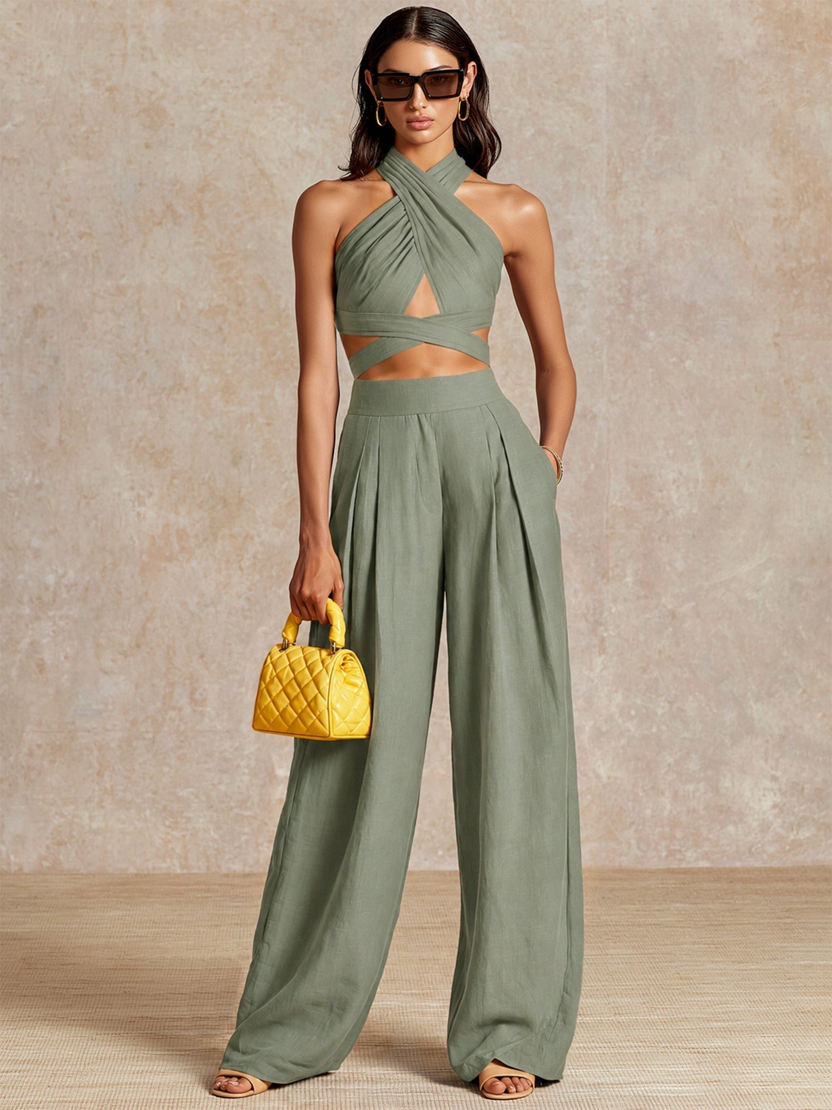 Lorena | Conjunto Top Halter de Lino y Pantalón Palazzo de Cintura Alta Mujer