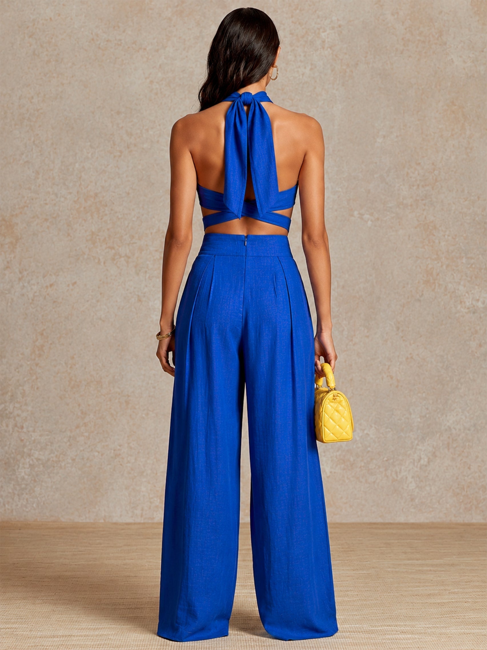 Lorena | Conjunto Top Halter de Lino y Pantalón Palazzo de Cintura Alta Mujer