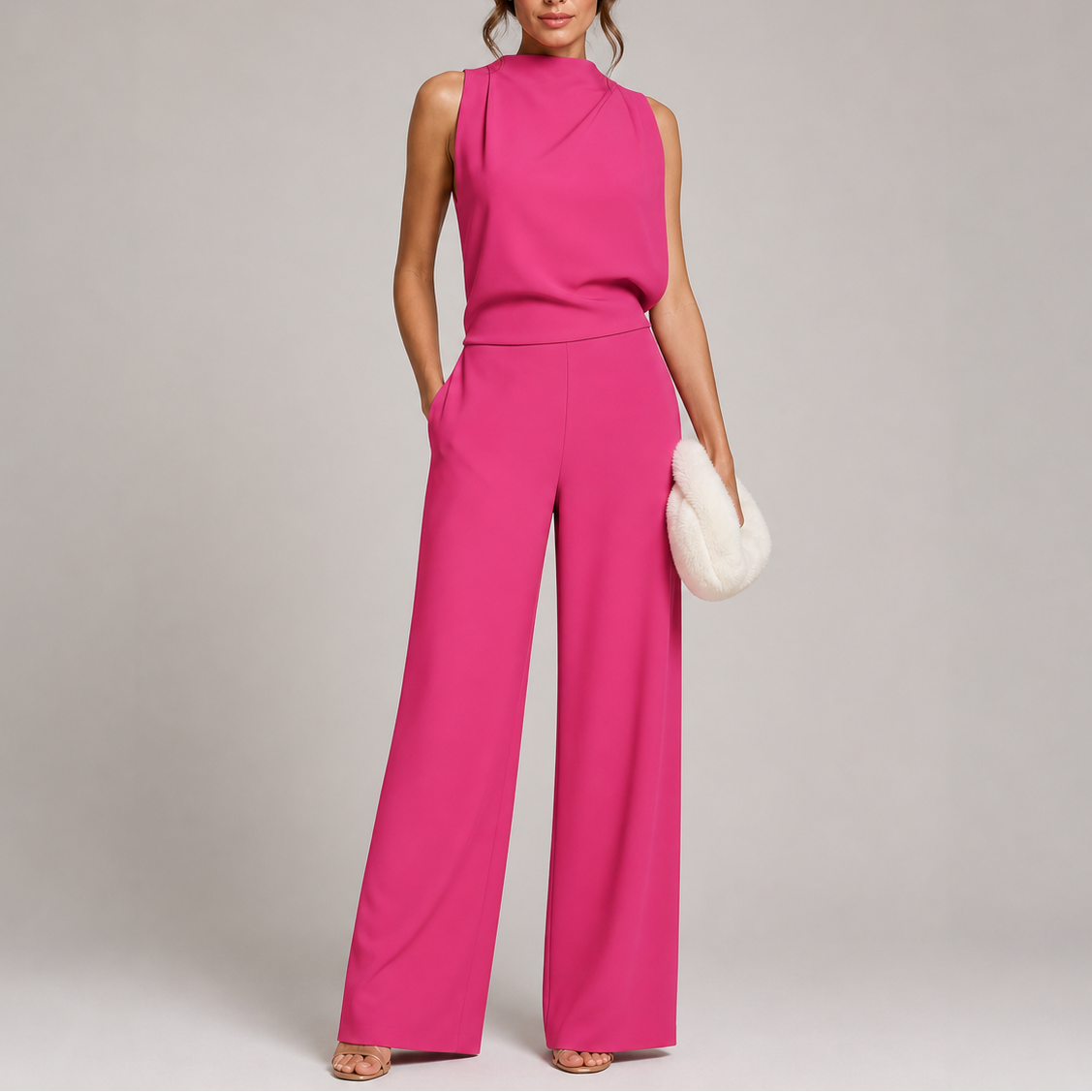 Lorena | Mono Largo Elegante Mujer Cuello Alto Sin Mangas Pierna Ancha