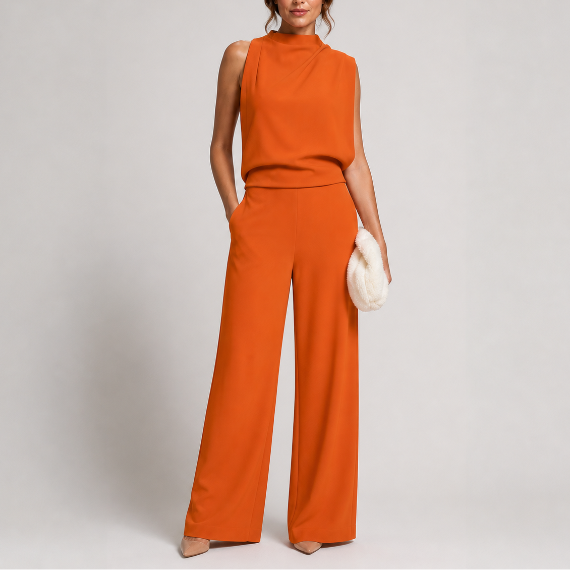 Lorena | Mono Largo Elegante Mujer Cuello Alto Sin Mangas Pierna Ancha