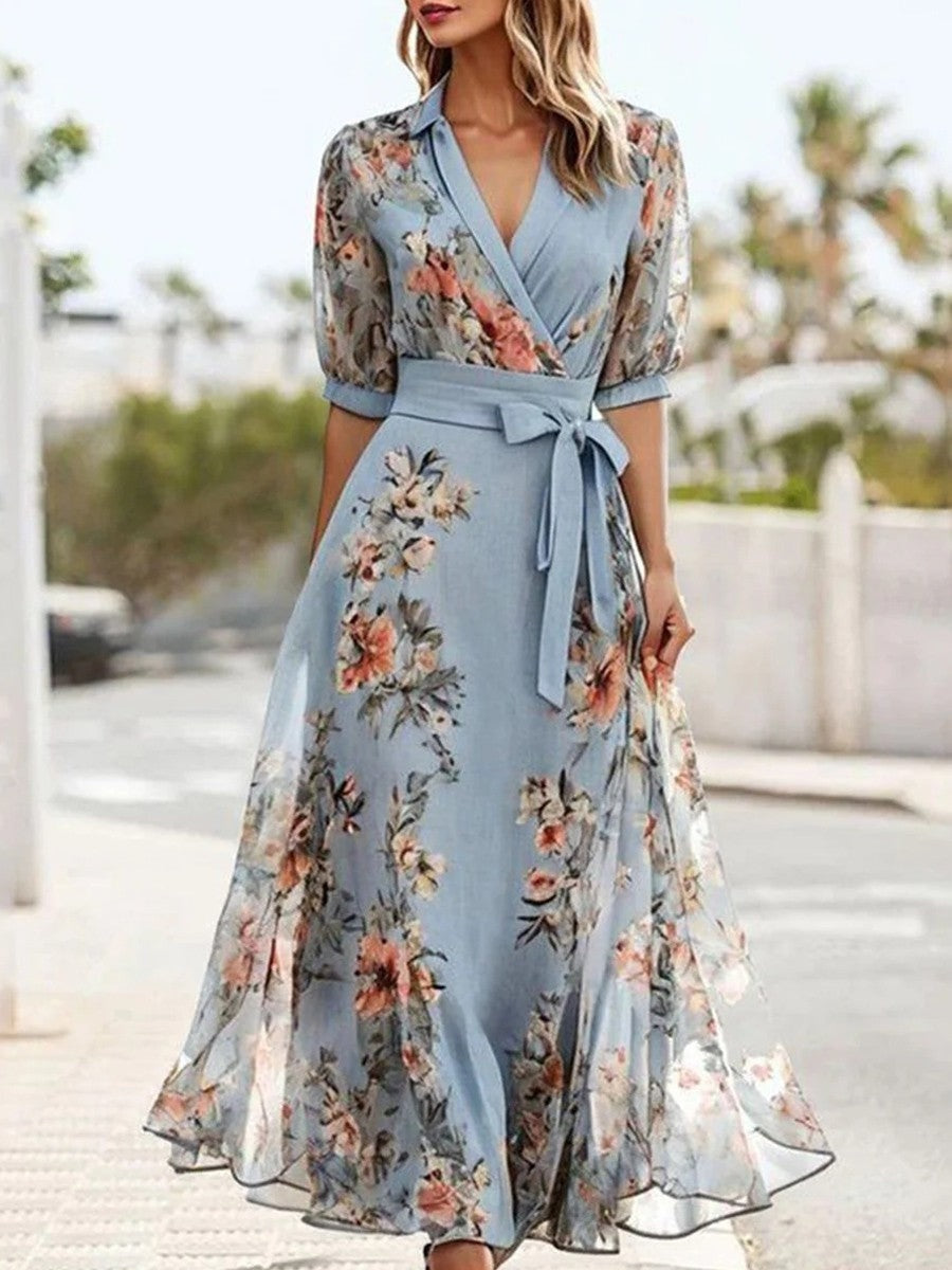 Lorena | Vestido Floral de Invitada Mujer Manga Corta Cinturón