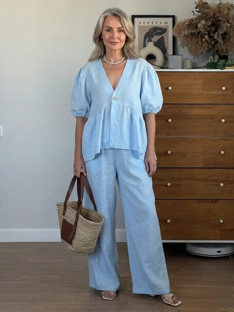 Macarena | Conjunto de Lino Mujer Blusa Manga Abullonada Pantalón Ancho