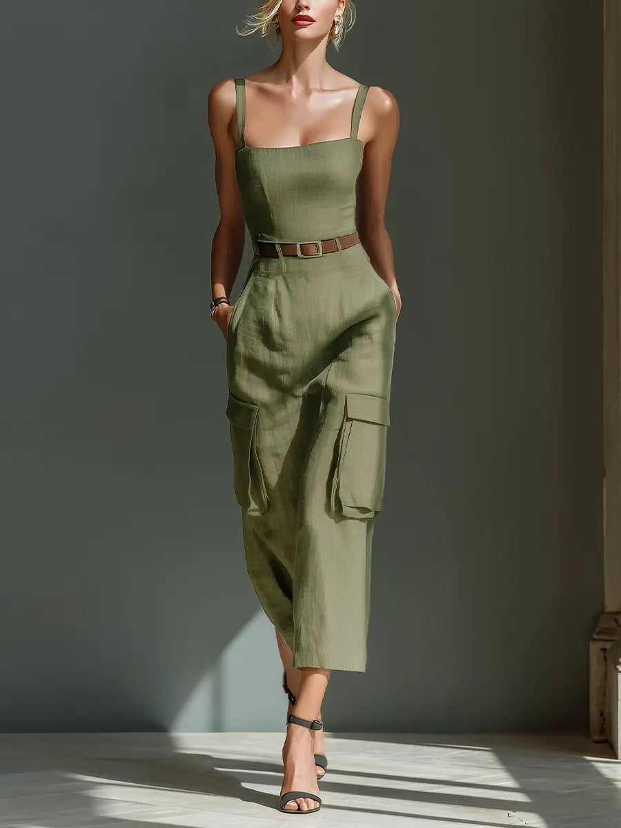 Maite | Vestido Midi con Cinturón y Bolsillos Cargo Mujer