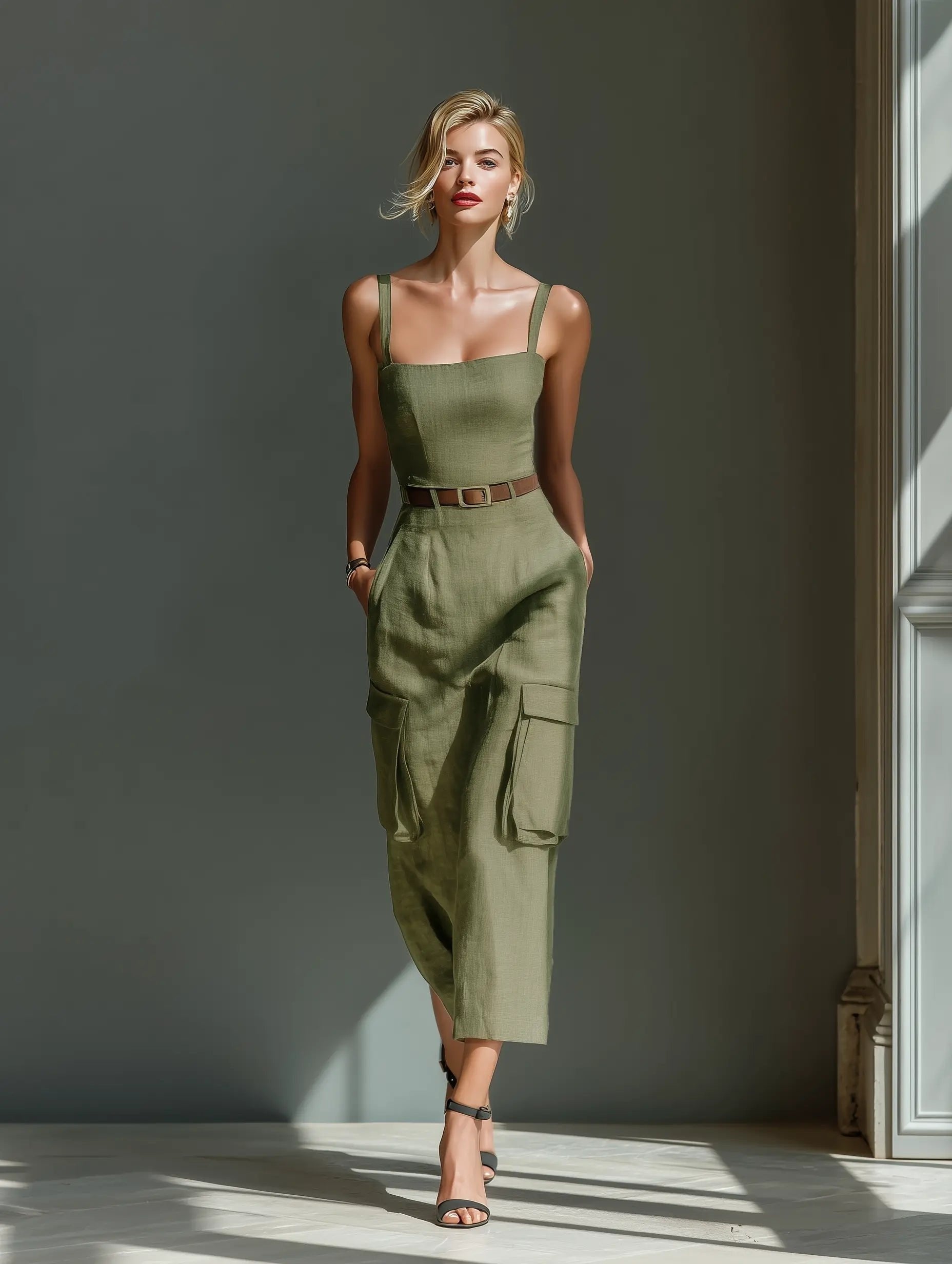 Maite | Vestido Midi con Cinturón y Bolsillos Cargo Mujer