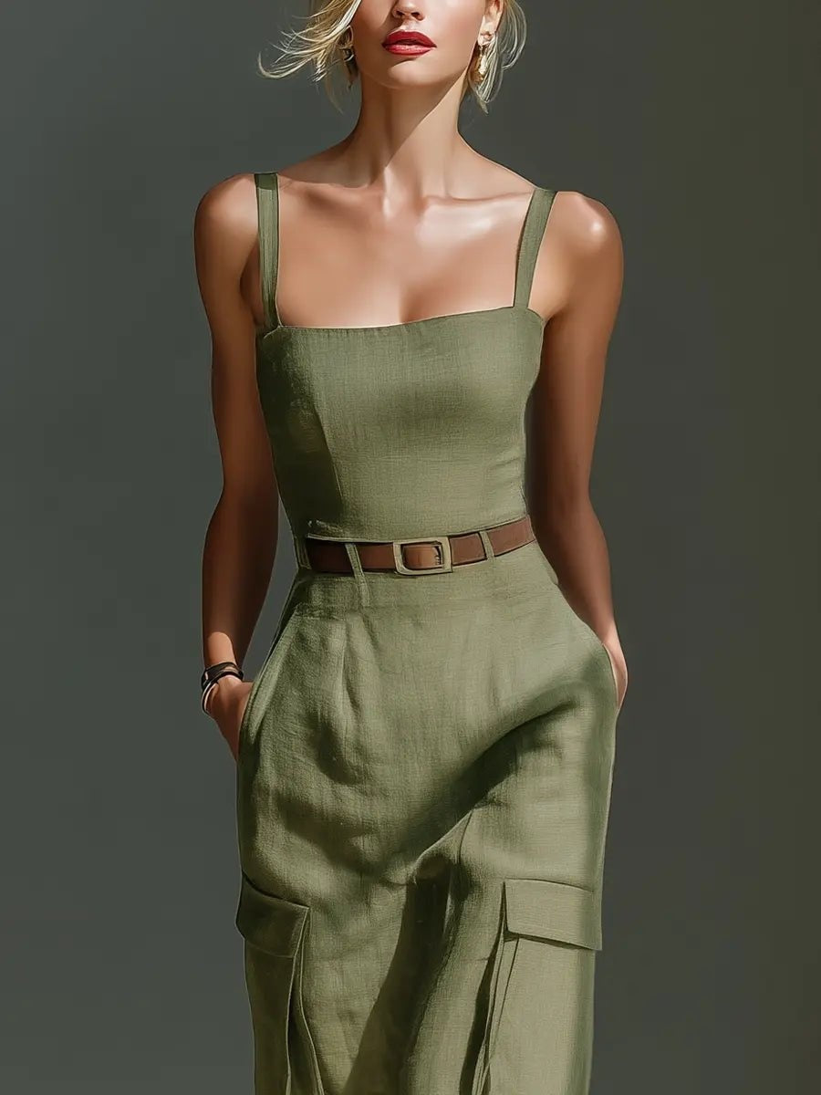 Maite | Vestido Midi con Cinturón y Bolsillos Cargo Mujer