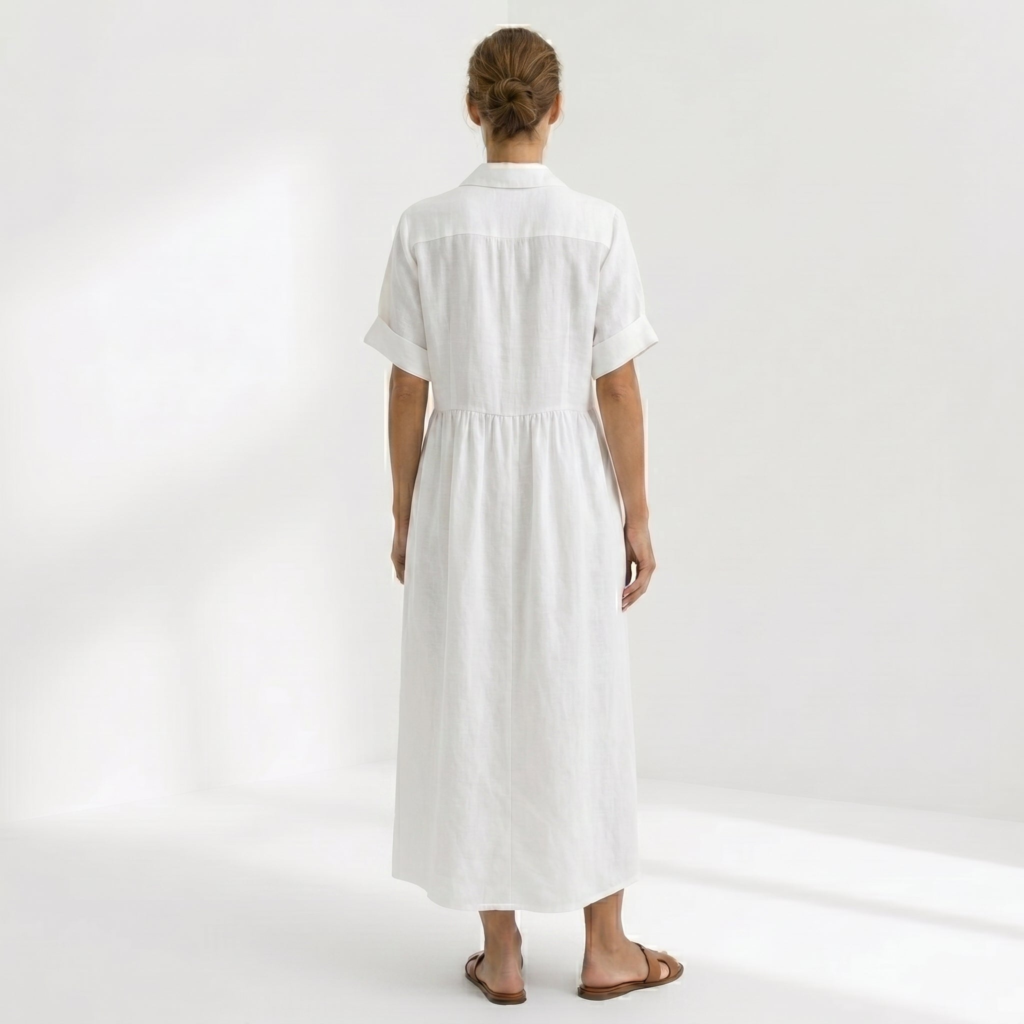 Margarita | Vestido Largo Camisero de Lino Mujer Pliegues Frontales