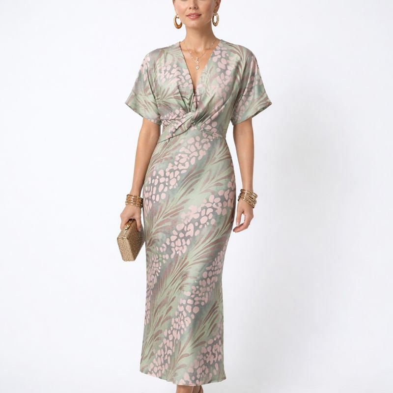 Marina | Vestido Midi Drapeado Mujer Escote V Manga Corta