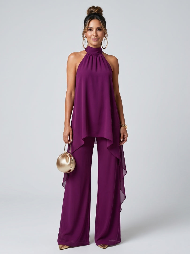 Marisol | Conjunto Top Asimétrico y Pantalón Palazzo Mujer Cuello Halter