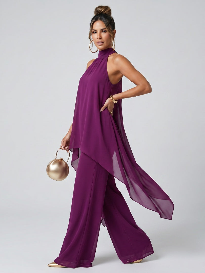 Marisol | Conjunto Top Asimétrico y Pantalón Palazzo Mujer Cuello Halter