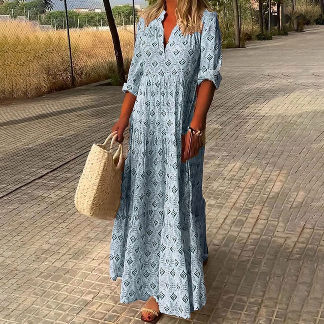 Marisol | Vestido Largo Boho Estampado Geométrico Mujer Escote V