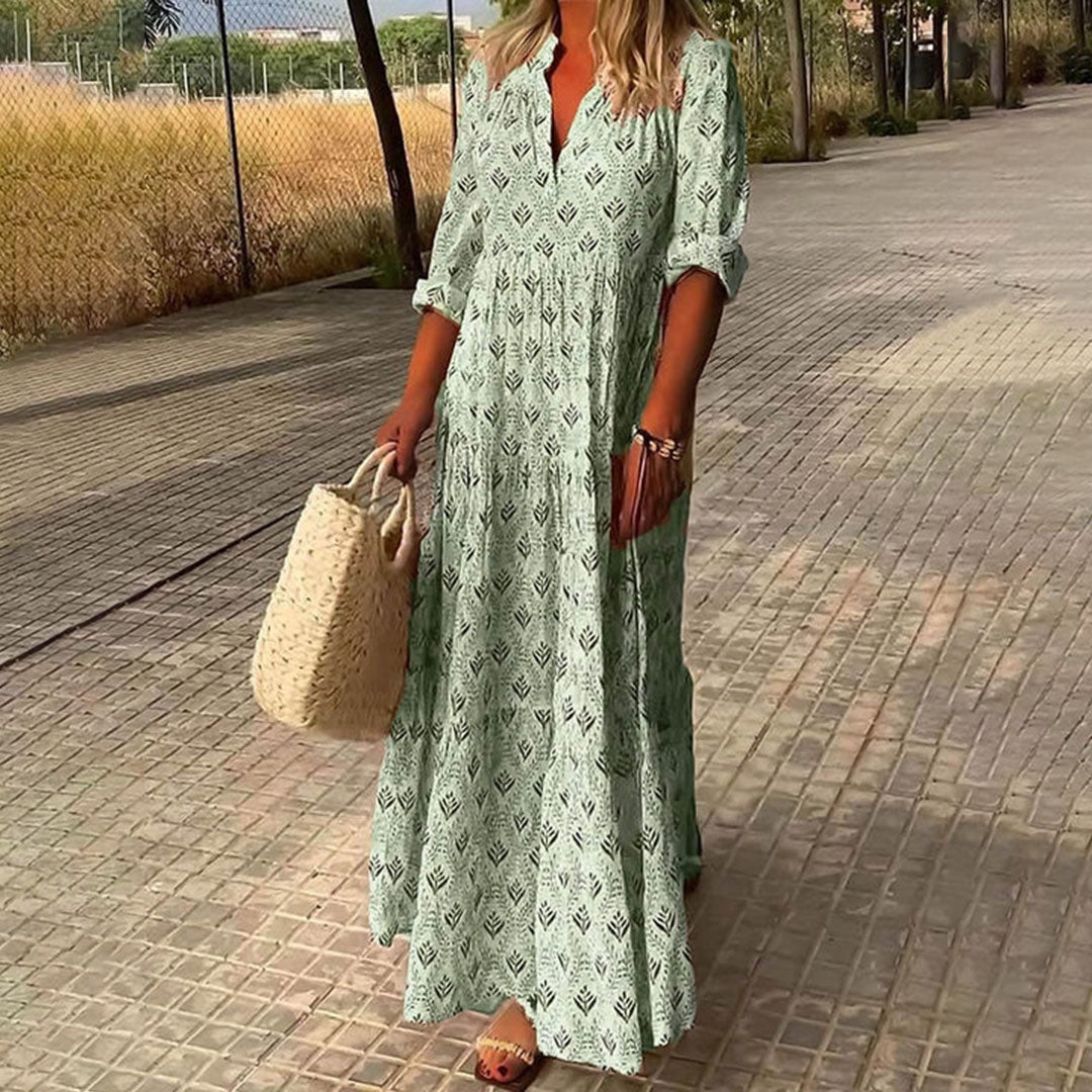 Marisol | Vestido Largo Boho Estampado Geométrico Mujer Escote V