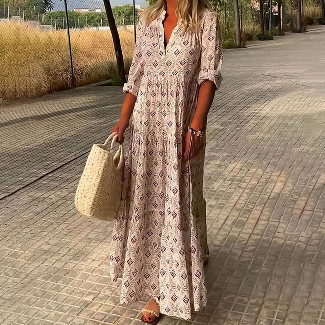 Marisol | Vestido Largo Boho Estampado Geométrico Mujer Escote V