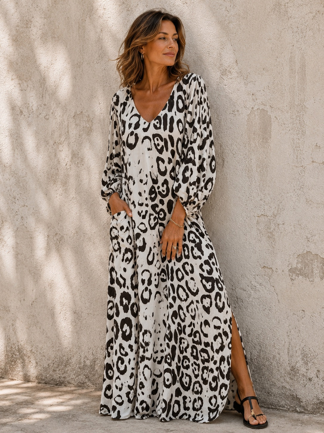 Marisol | Vestido Largo Elegante Estampado Animal Print Mujer Manga Larga