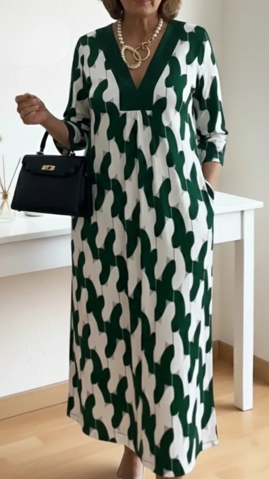 Marisol | Vestido Largo Elegante Estampado Geométrico Mujer Escote V Manga Tres Cuartos