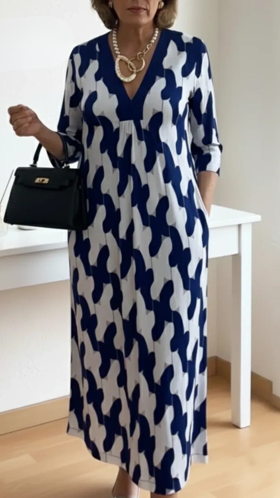 Marisol | Vestido Largo Elegante Estampado Geométrico Mujer Escote V Manga Tres Cuartos