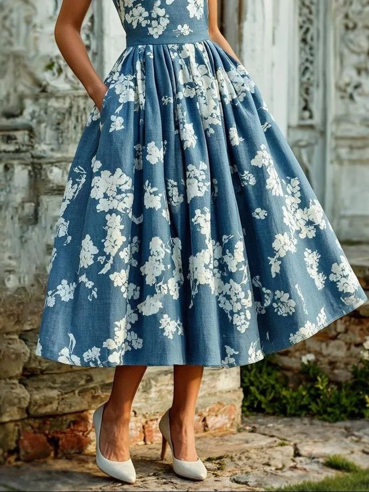 Marisol | Vestido Midi Sin Mangas de Lino Floral Mujer