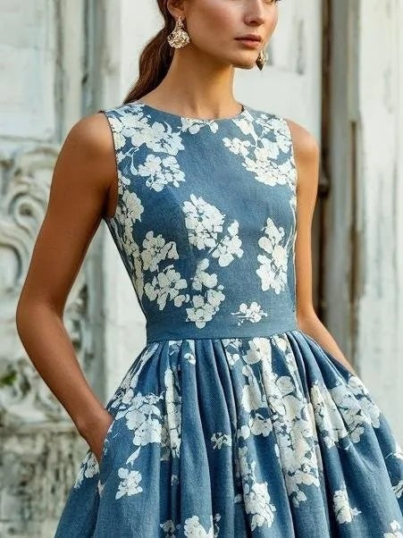Marisol | Vestido Midi Sin Mangas de Lino Floral Mujer