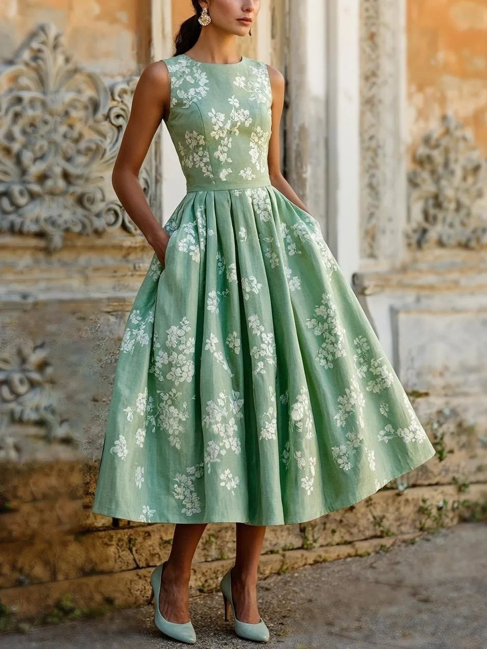 Marisol | Vestido Midi Sin Mangas de Lino Floral Mujer