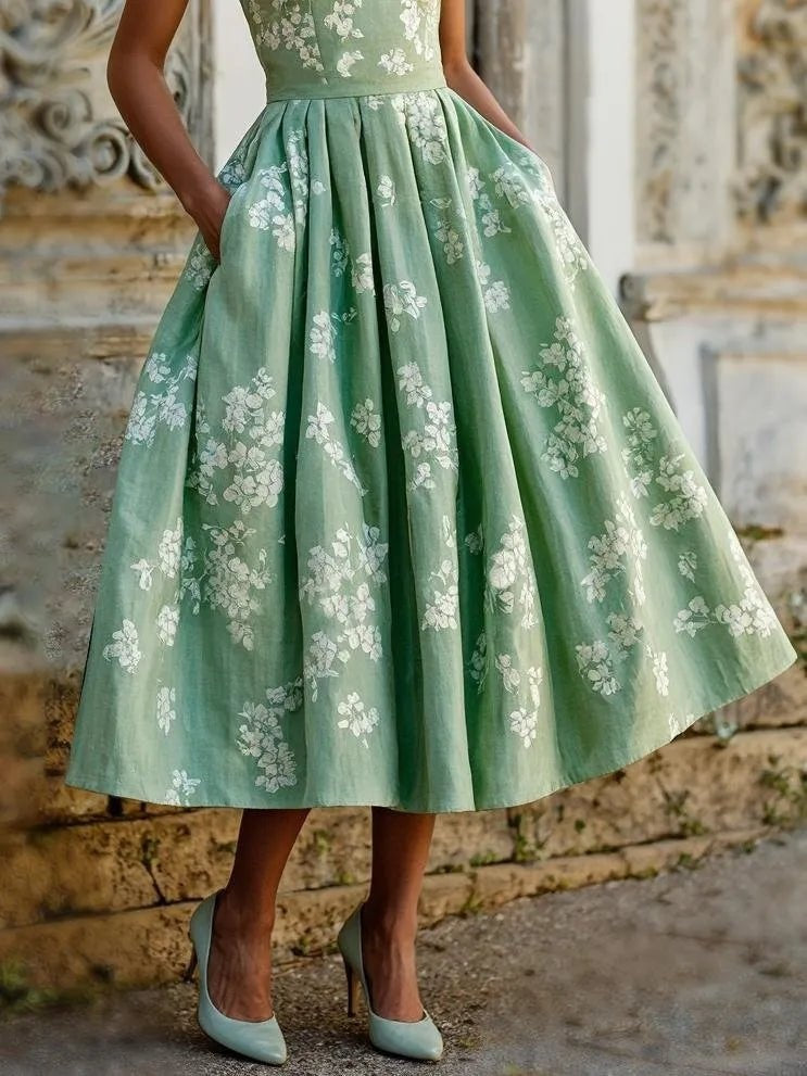 Marisol | Vestido Midi Sin Mangas de Lino Floral Mujer
