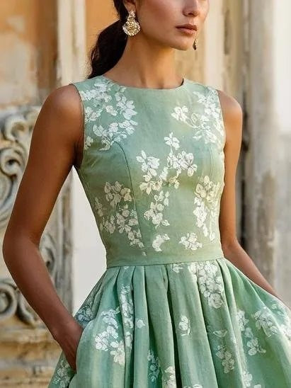 Marisol | Vestido Midi Sin Mangas de Lino Floral Mujer