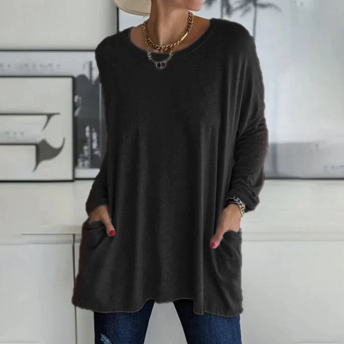 Mencía | Camiseta Oversize de Manga Larga Mujer Bolsillos Cuello Redondo