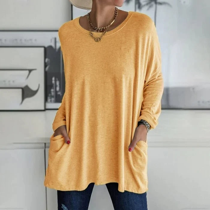 Mencía | Camiseta Oversize de Manga Larga Mujer Bolsillos Cuello Redondo