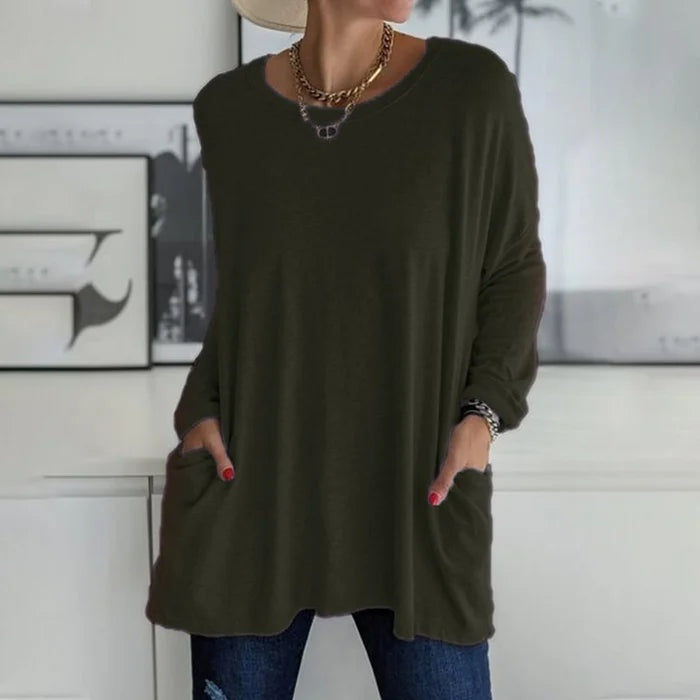 Mencía | Camiseta Oversize de Manga Larga Mujer Bolsillos Cuello Redondo