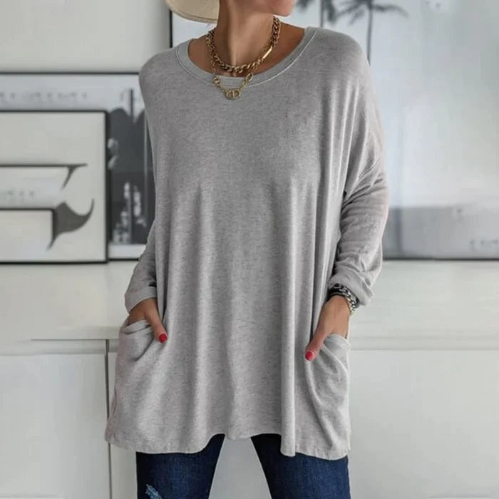 Mencía | Camiseta Oversize de Manga Larga Mujer Bolsillos Cuello Redondo