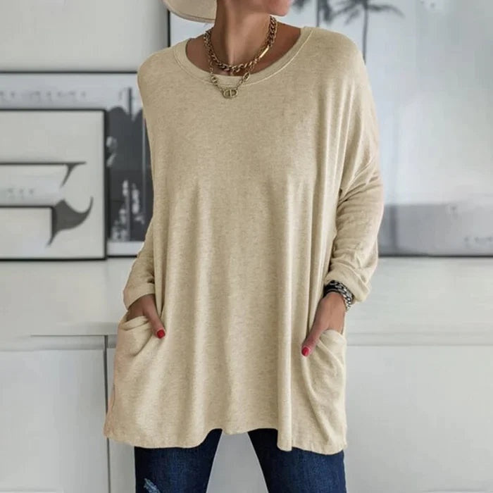 Mencía | Camiseta Oversize de Manga Larga Mujer Bolsillos Cuello Redondo