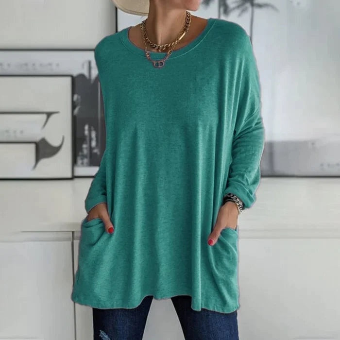 Mencía | Camiseta Oversize de Manga Larga Mujer Bolsillos Cuello Redondo