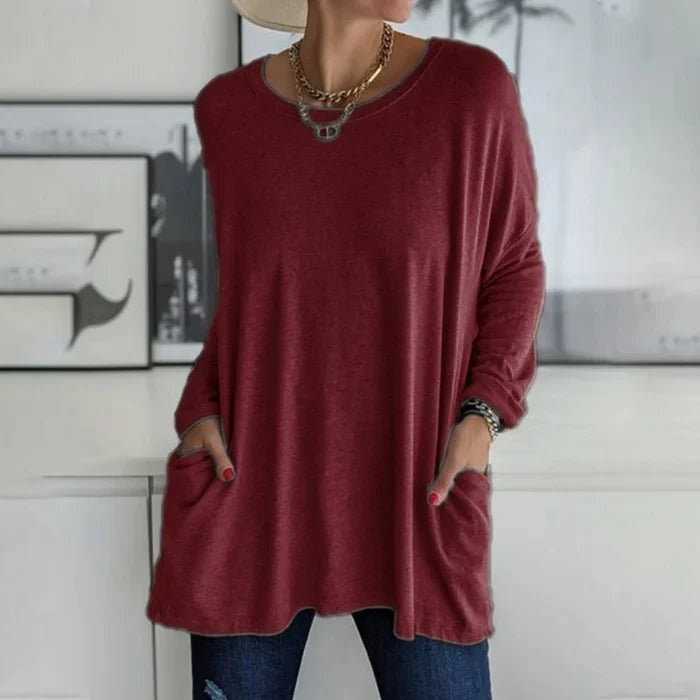 Mencía | Camiseta Oversize de Manga Larga Mujer Bolsillos Cuello Redondo