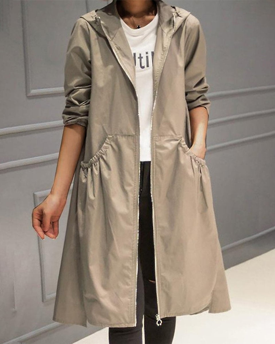 Mencía | Parka Impermeable Mujer Larga con Capucha Cintura Fruncida
