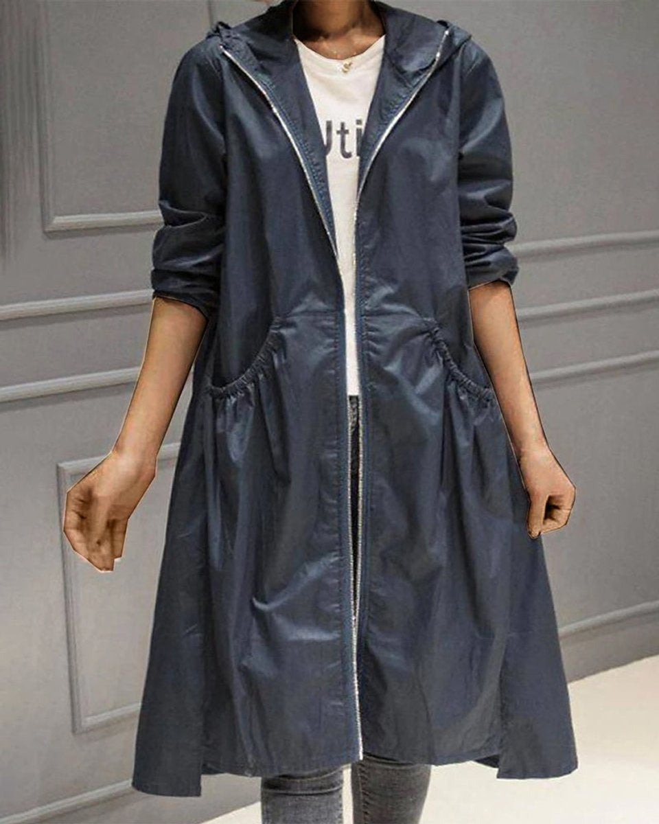 Mencía | Parka Impermeable Mujer Larga con Capucha Cintura Fruncida
