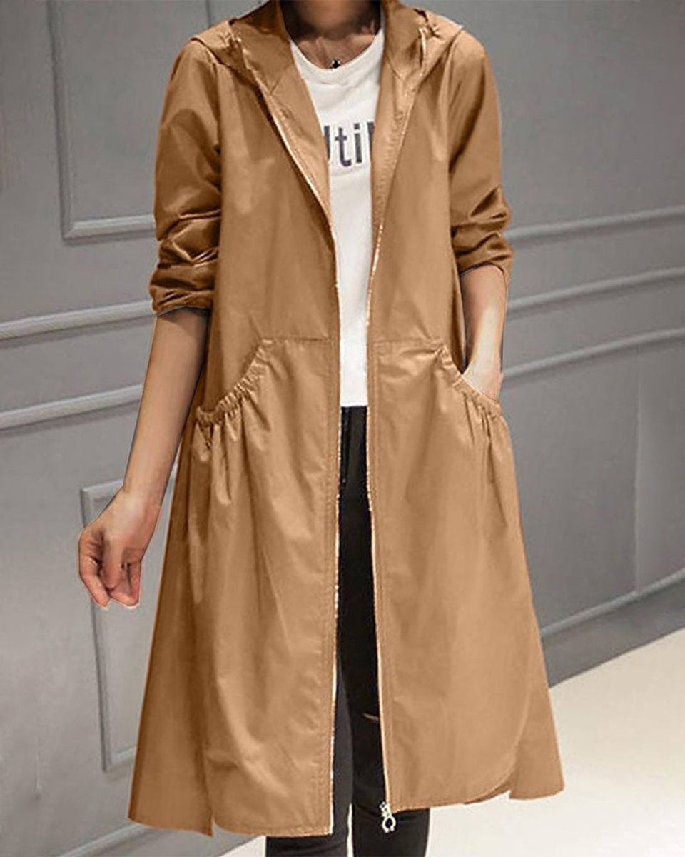 Mencía | Parka Impermeable Mujer Larga con Capucha Cintura Fruncida