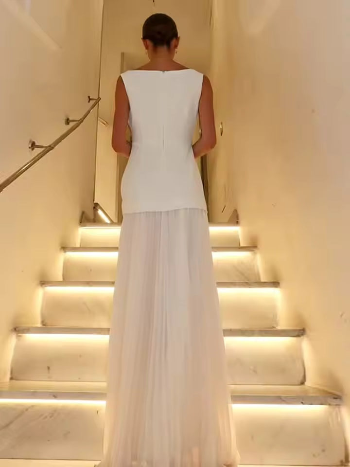 Mencía | Vestido Largo de Graduación Plisado Mujer Sin Mangas Escote Barco