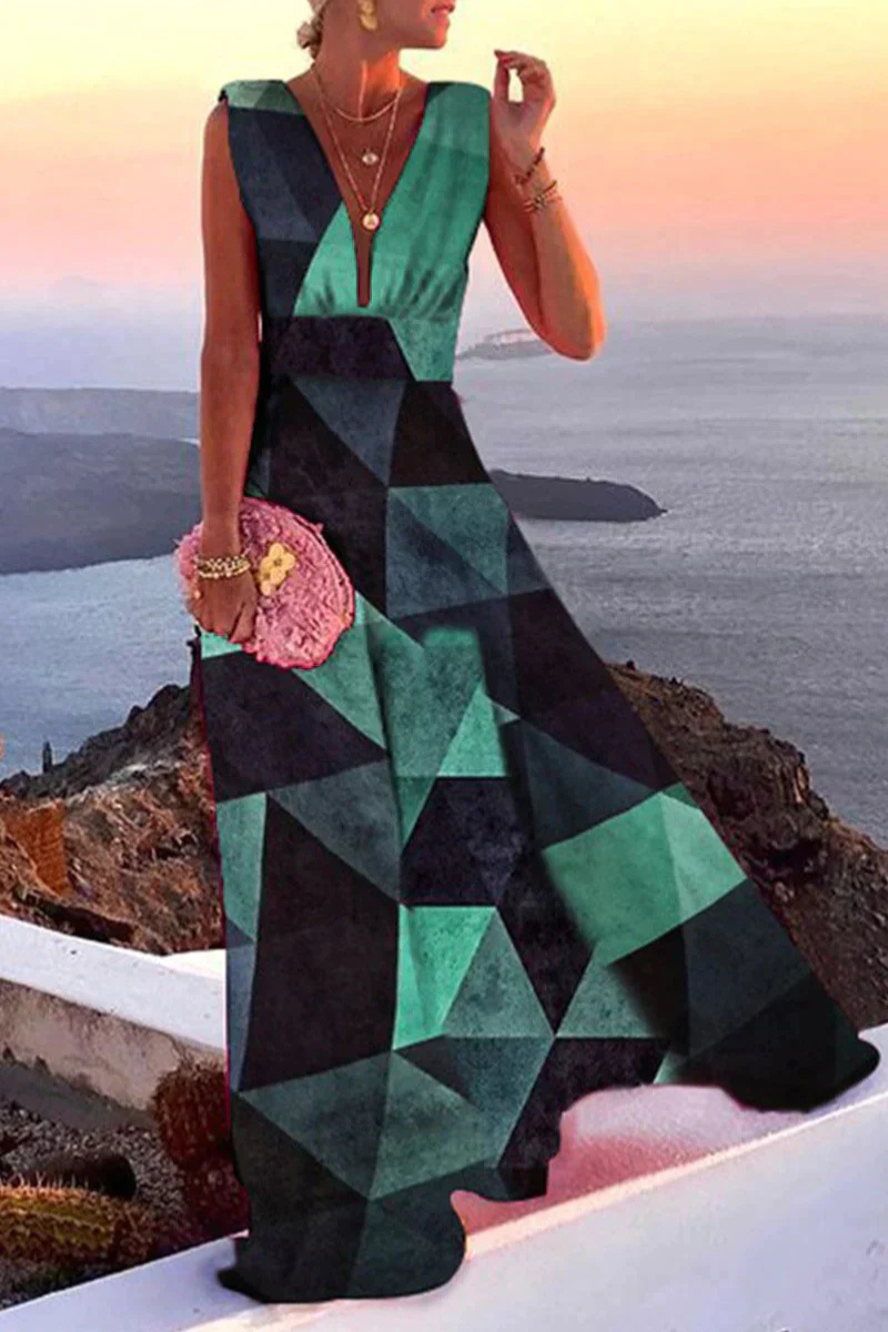 Mencía | Vestido Largo de Invitada Escote V Sin Mangas Mujer Estampado Barroco