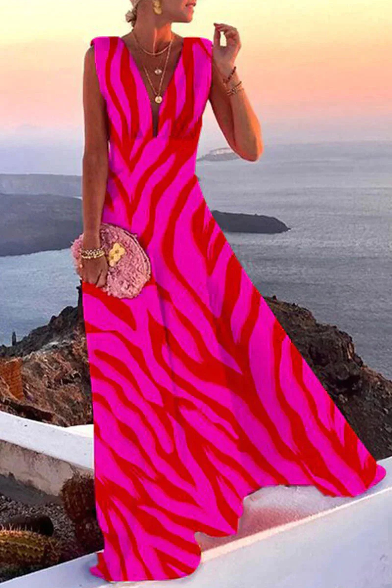 Mencía | Vestido Largo de Invitada Escote V Sin Mangas Mujer Estampado Barroco