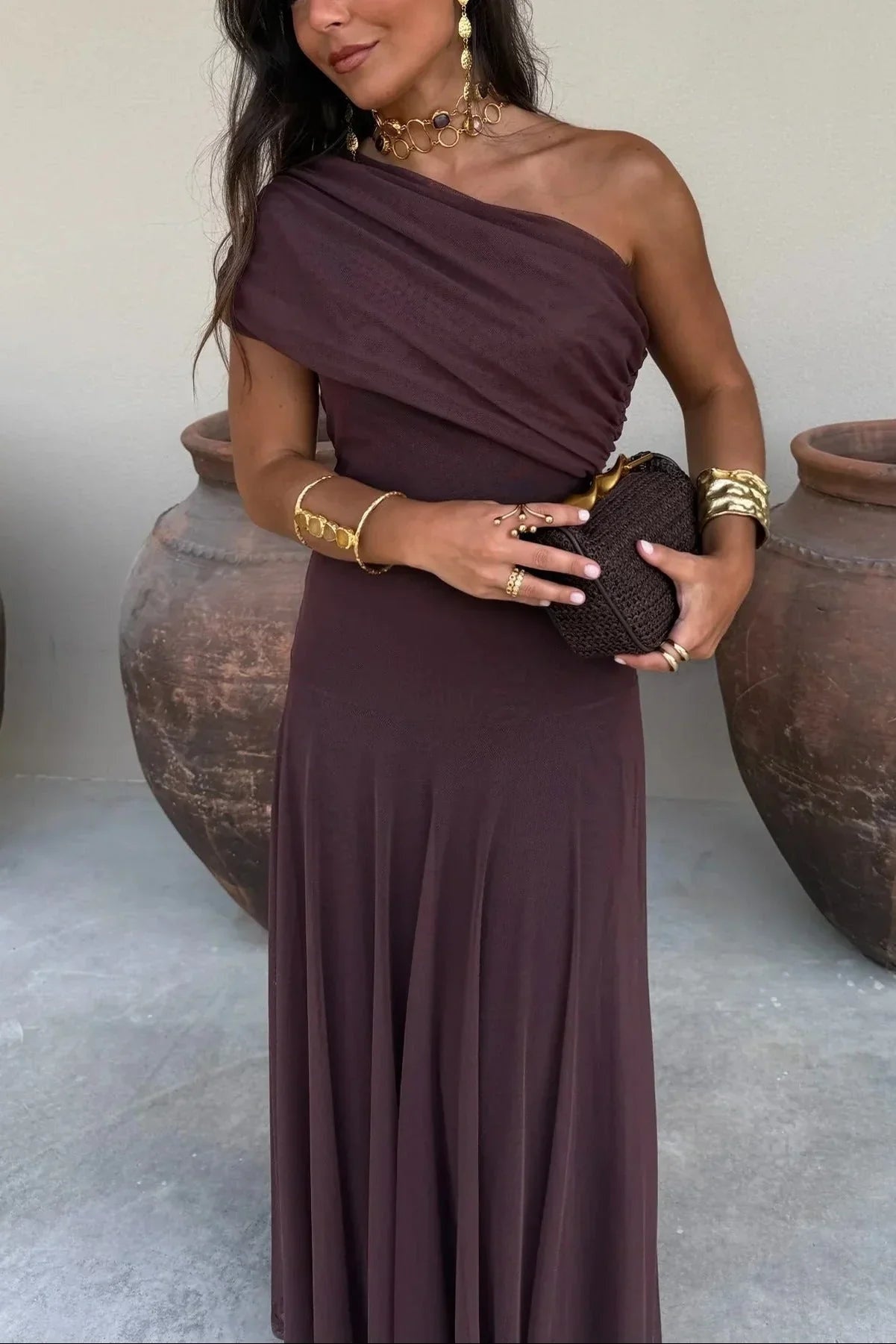 Mencía | Vestido Largo Palabra de Honor Mujer Drapeado Hombro