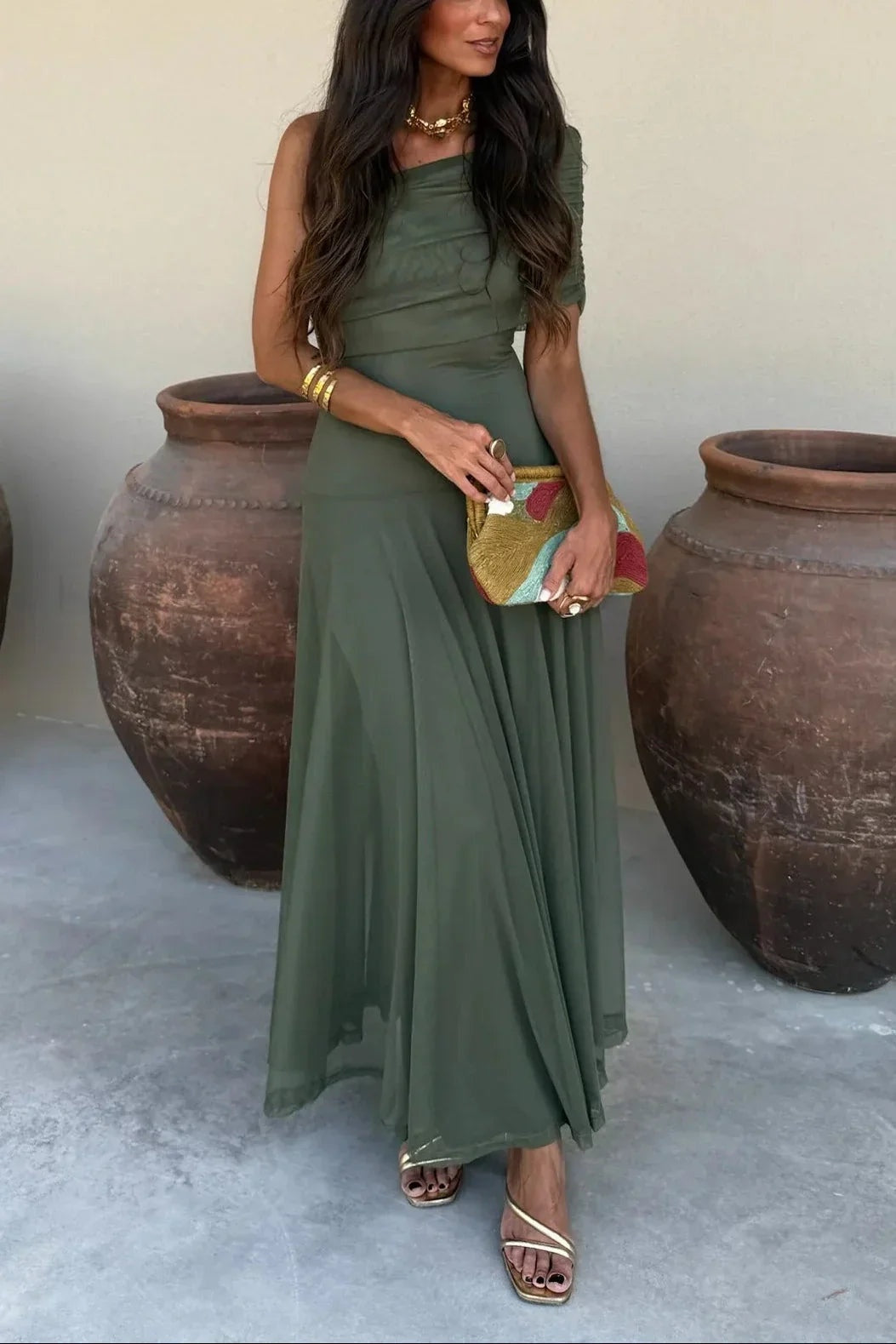 Mencía | Vestido Largo Palabra de Honor Mujer Drapeado Hombro