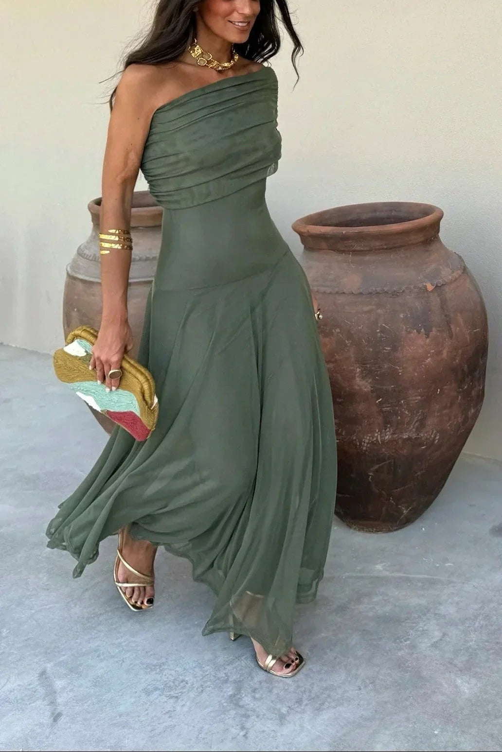 Mencía | Vestido Largo Palabra de Honor Mujer Drapeado Hombro