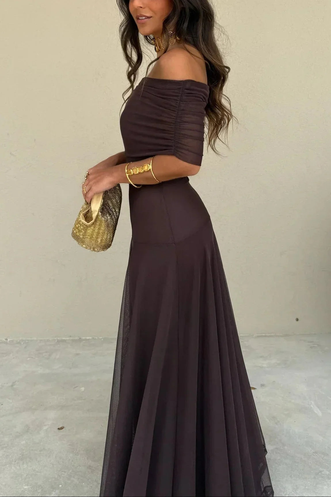 Mencía | Vestido Largo Palabra de Honor Mujer Drapeado Hombro