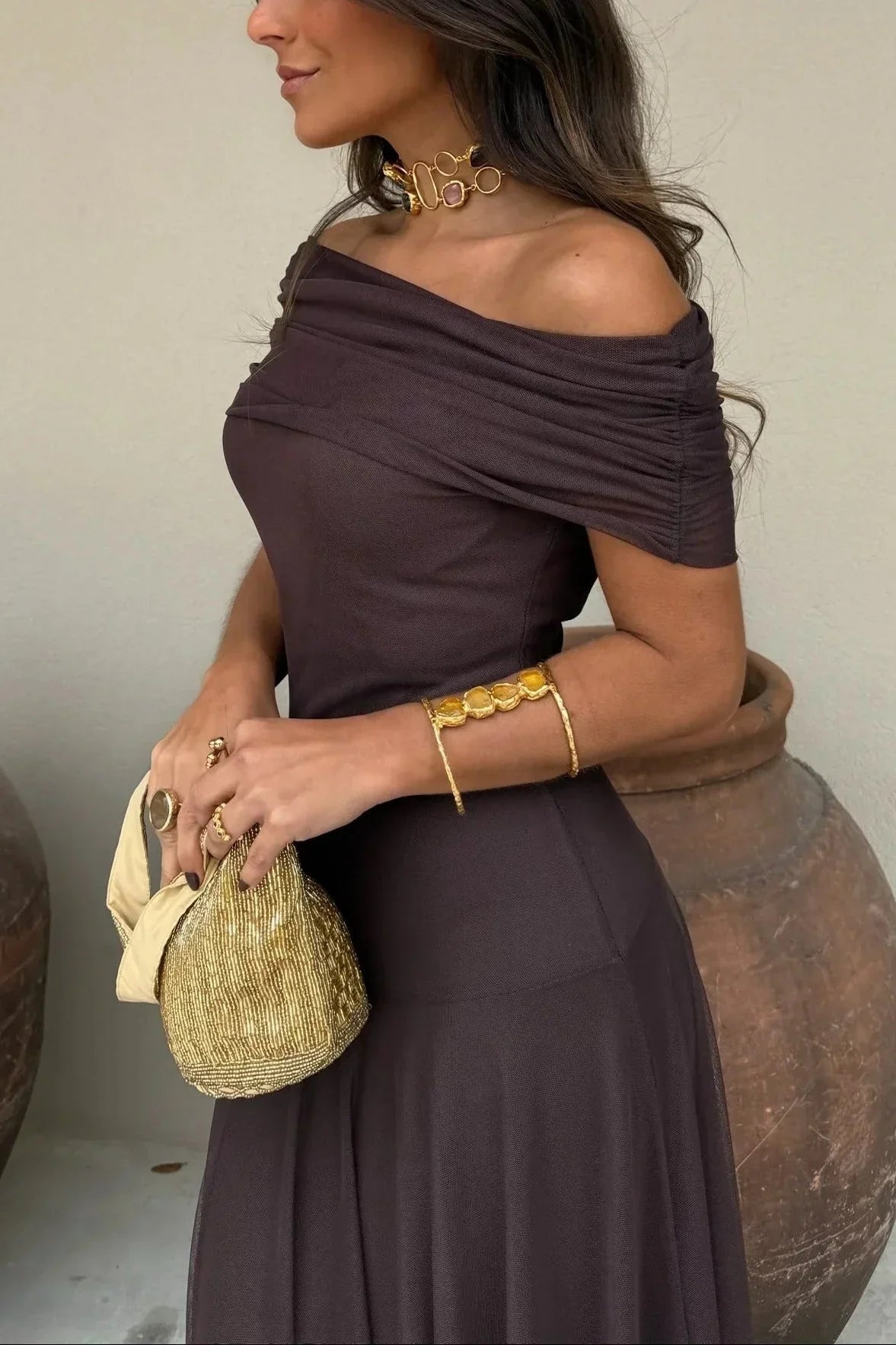 Mencía | Vestido Largo Palabra de Honor Mujer Drapeado Hombro