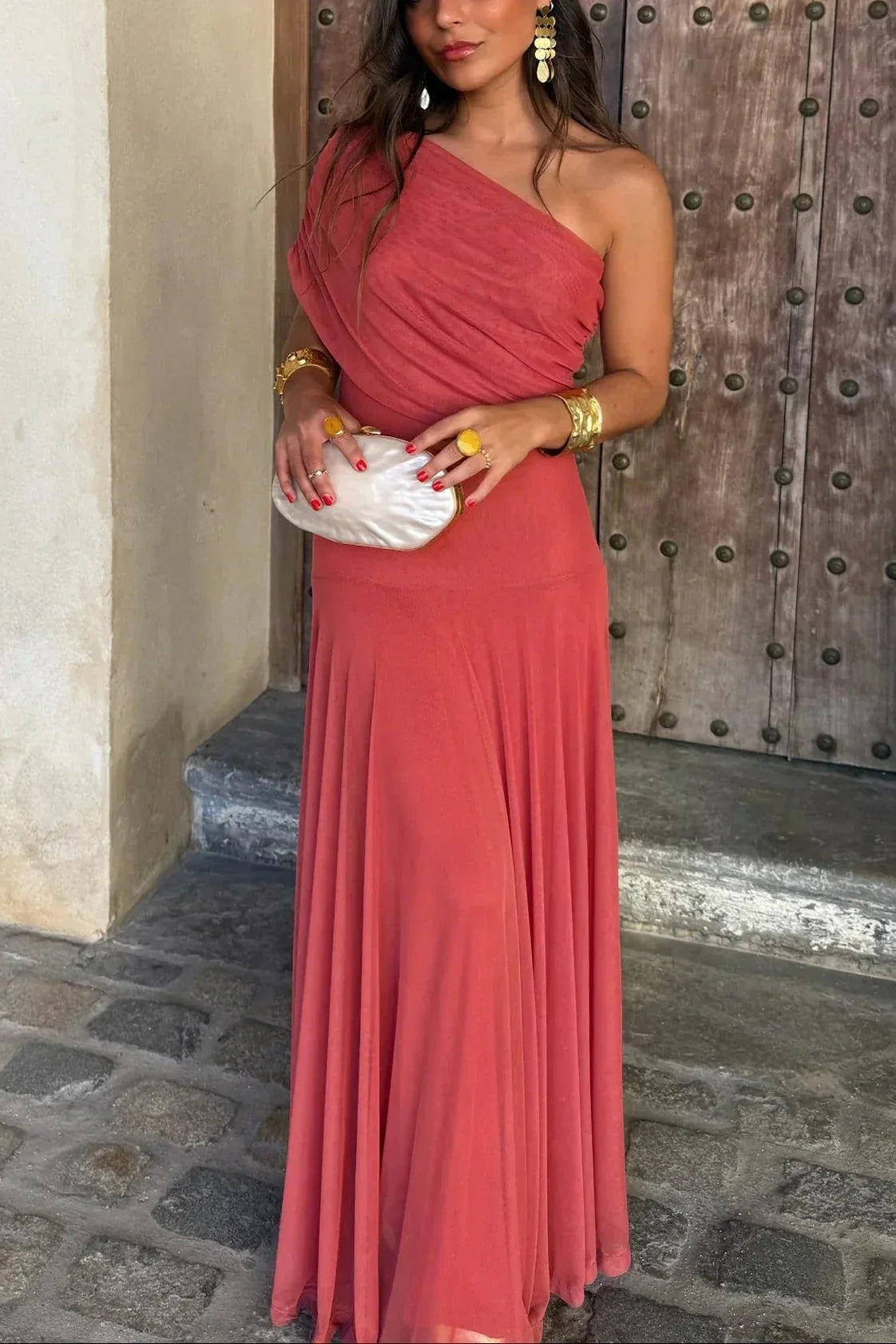 Mencía | Vestido Largo Palabra de Honor Mujer Drapeado Hombro