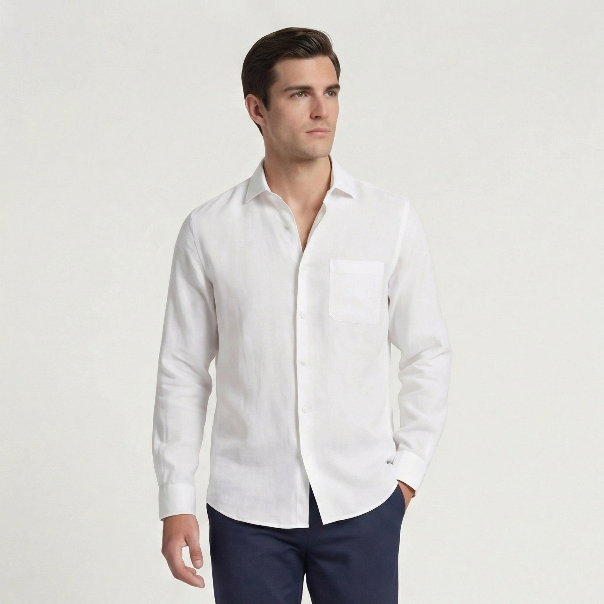 Mikel | Camisa Blanca de Lino Manga Larga Hombre Bolsillo Pecho