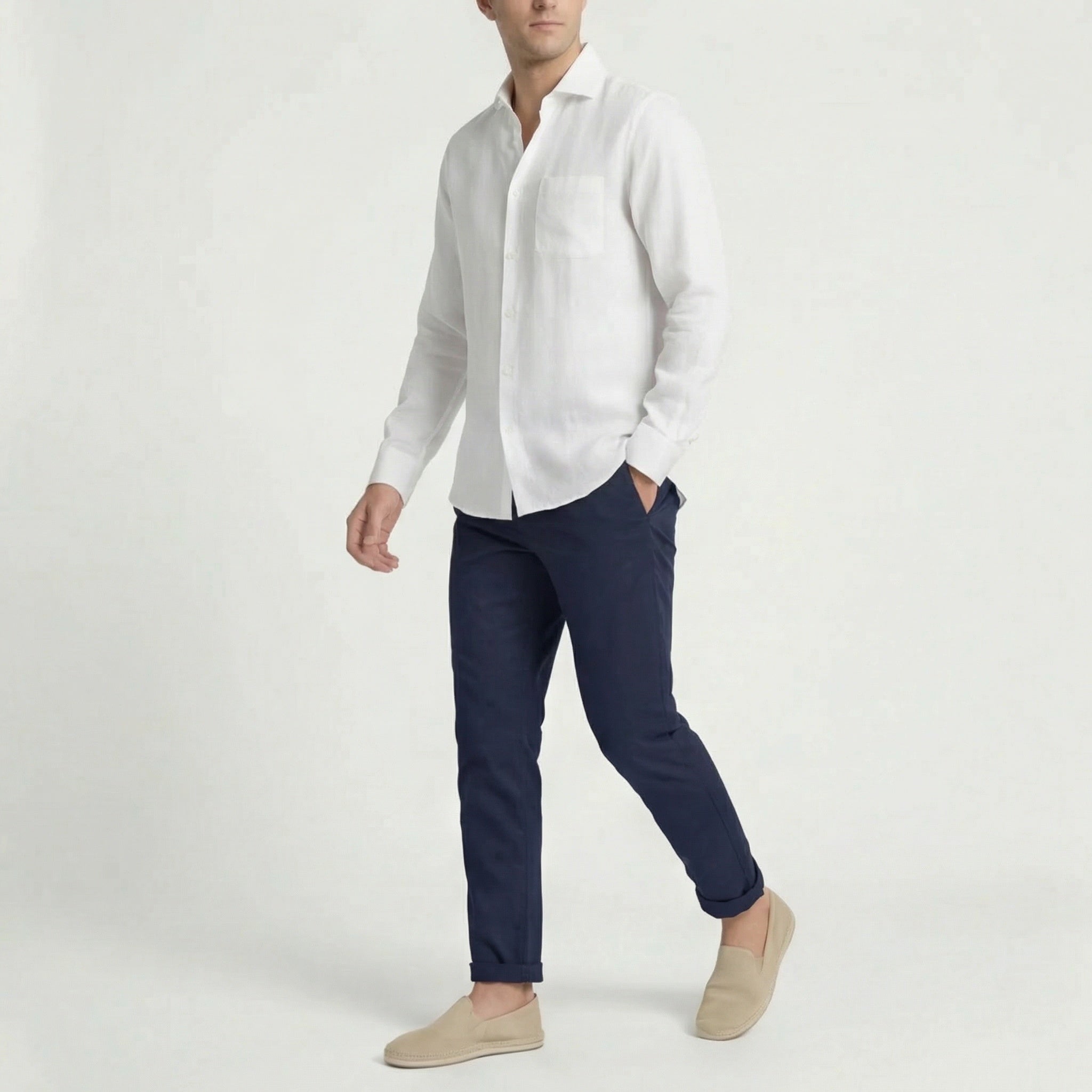 Mikel | Camisa Blanca de Lino Manga Larga Hombre Bolsillo Pecho