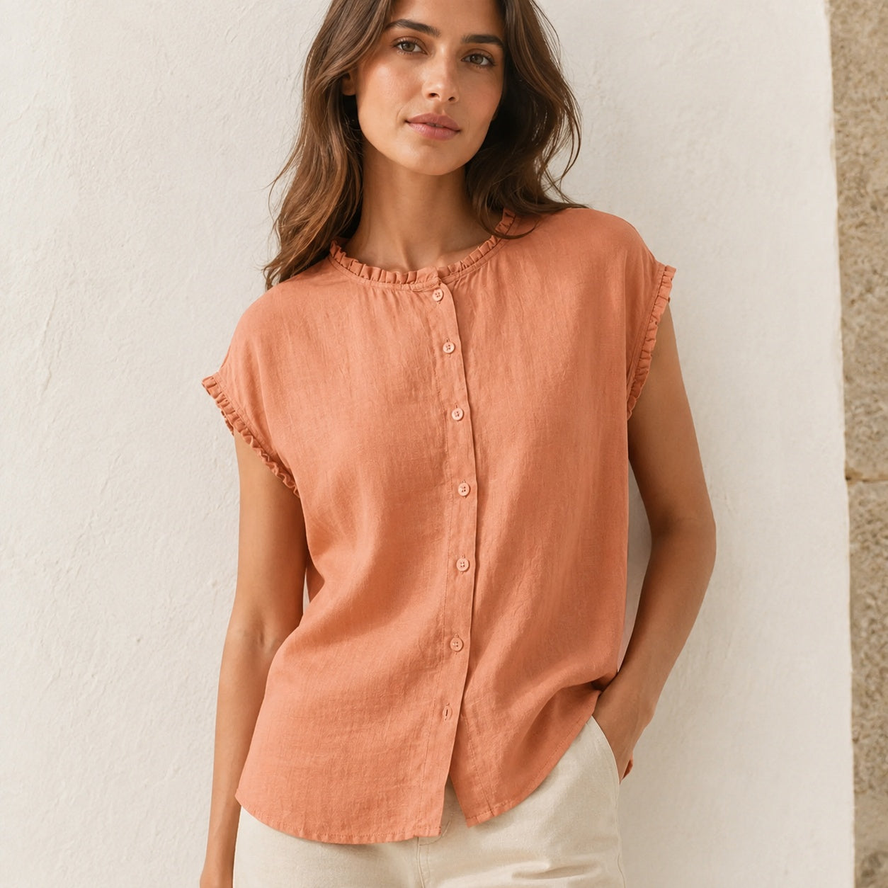 Miriam | Blusa de Lino con Volantes Mujer Sin Mangas Botones