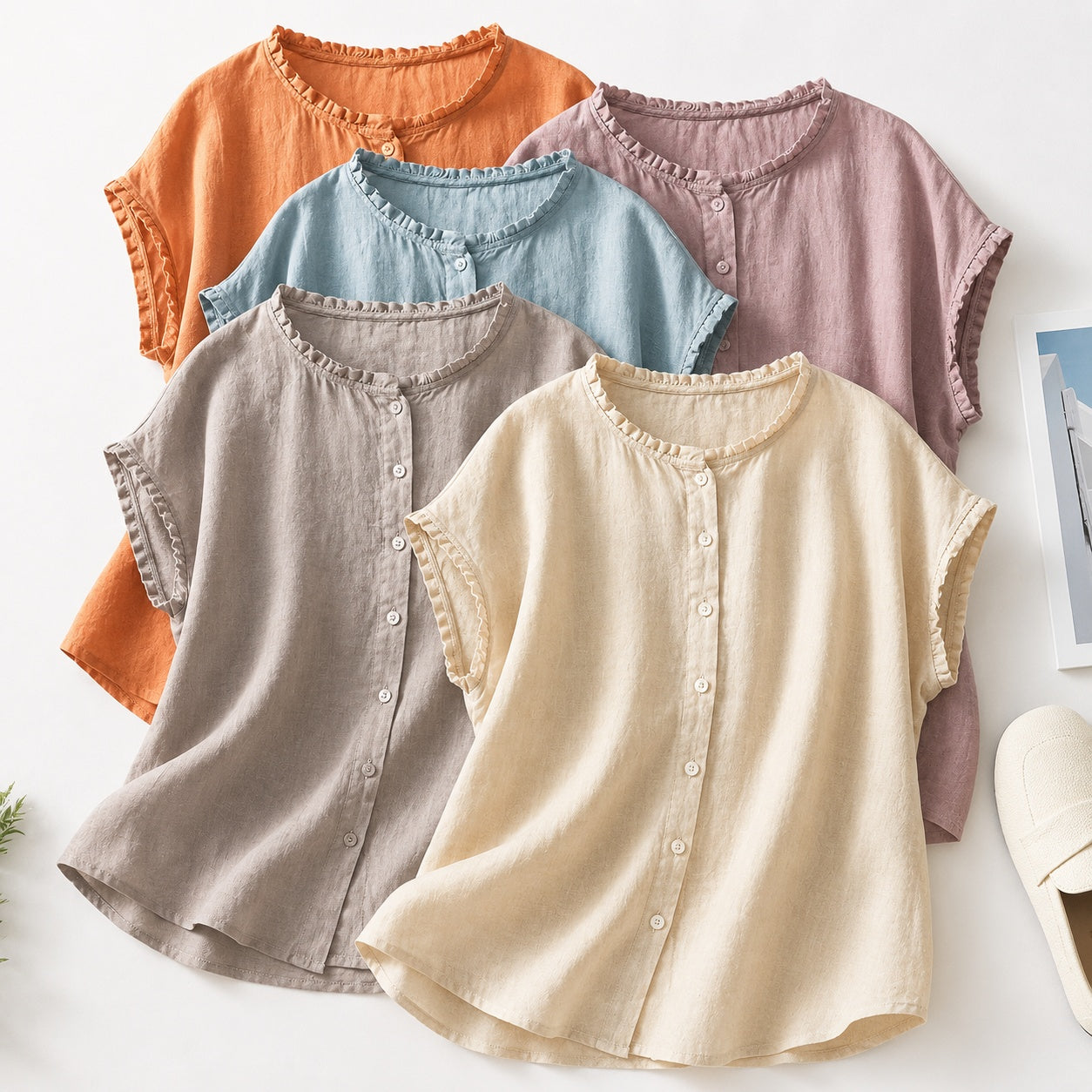 Miriam | Blusa de Lino con Volantes Mujer Sin Mangas Botones